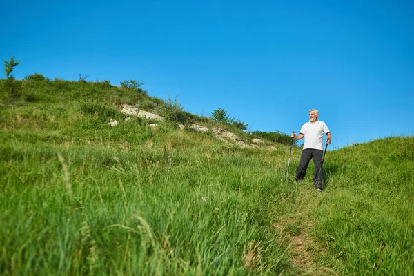 Voorzijde van oude man lopen op groene veld met het volgen van de stokken. — Stockfoto