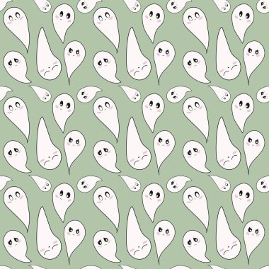 Komik desen kızgın, mutlu ve üzgün hayaletlerle büyük göz ve pembe yüz.