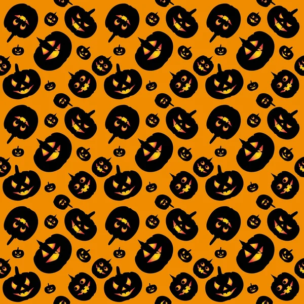 Halloween pattern of many angry black pumpkins on orange background.