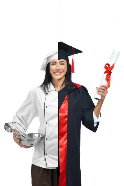 Vrouw in twee beroepen van chef-kok en afgestudeerde student. — Stockfoto