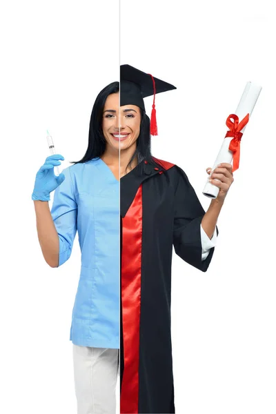 Femme dans deux professions d'infirmière et diplômée universitaire . — Photo