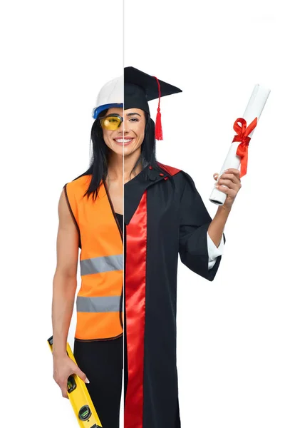 Menina em duas ocupações de buider e orgulhoso graduado . — Fotografia de Stock