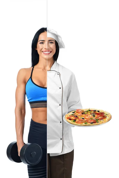 Kadın fitness antrenörü ve pizza makinesi iki meslekler. — Stok fotoğraf