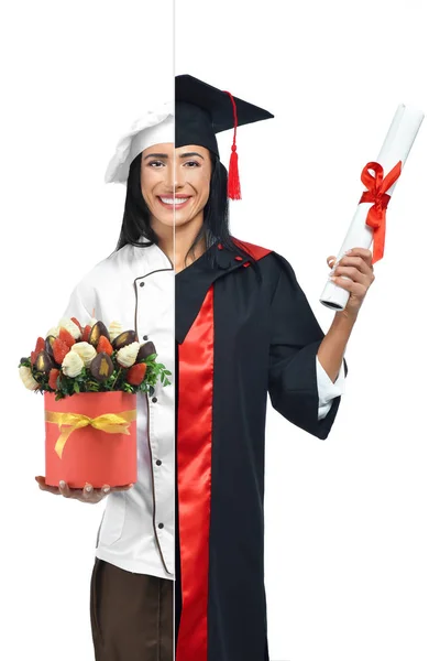 Jovem em duas ocupações de confeiteiro e pós-graduação . — Fotografia de Stock