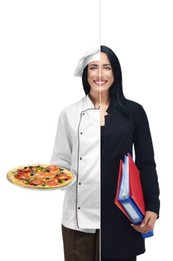 Pizza makinesi ve iş kadını iki meslekler kız.