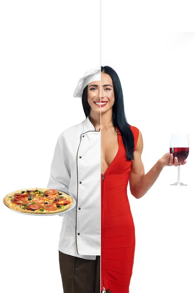 Fille paisible dans deux professions de fabricant de pizza et modèle . — Photo