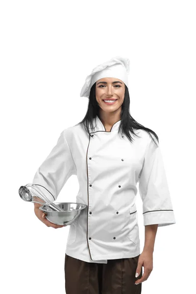 Happy chef holding new working instruments in hand. — Stock Photo, Image