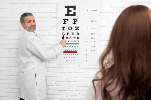 Augenarzt, der das Sehvermögen des Patienten mit dem Augapfel untersucht. — Stockfoto