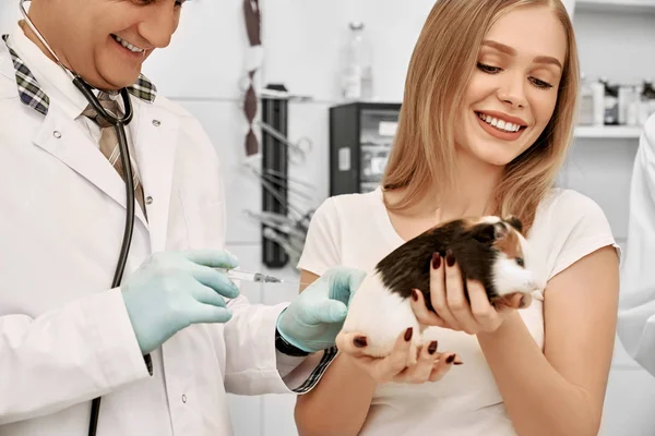 Femme tenant hamster, tandis que vétérinaire faisant l'injection . — Photo