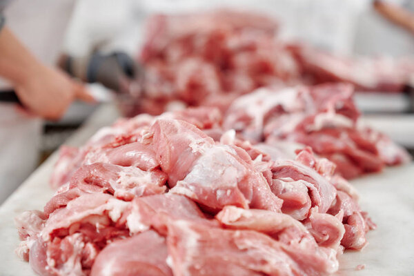 Закрыть свежие нарезанные куски мяса свинины или говядины
.