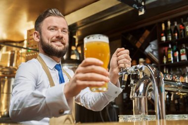 Yakışıklı barmen soğuk bira bardağı tutan.