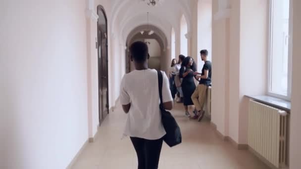 Vista desde atrás del estudiante yendo solo por el pasillo — Vídeo de stock
