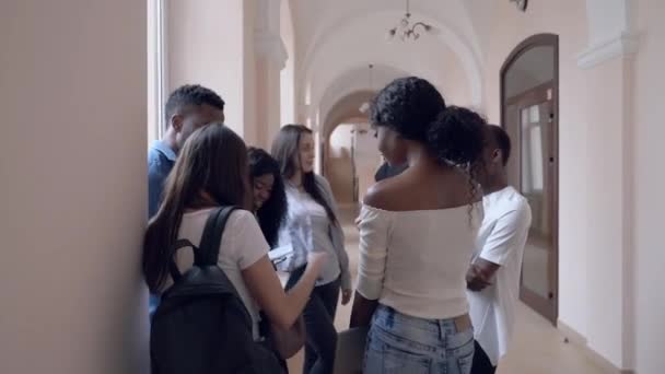 Jóvenes estudiantes africanos y caucásicos de pie en el pasillo — Vídeo de stock