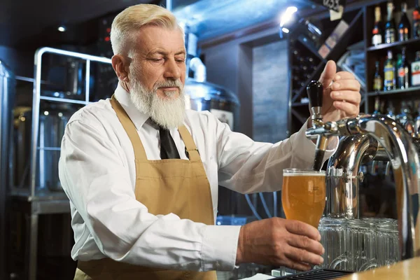 Barman nalewanie w zimnym szklance piwa lager. — Zdjęcie stockowe