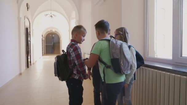 Мальчики с рюкзаками стоят в коридоре и идут на урок — стоковое видео