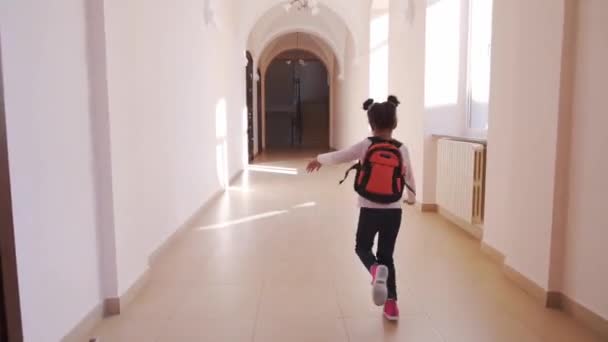 Blick von hinten afrikanischer Schüler mit Rucksack läuft zum Unterricht — Stockvideo