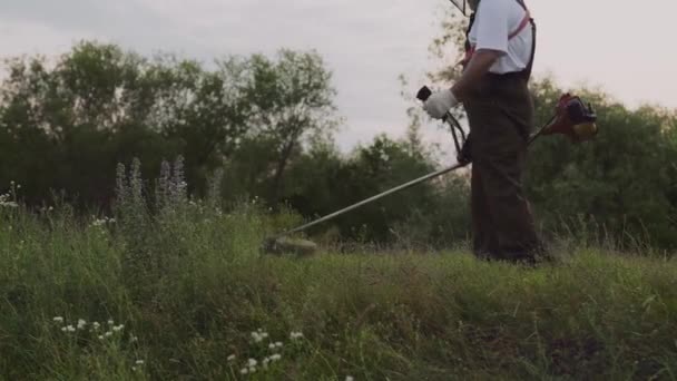 Обрезанный вид садовника с помощью электрического триммера — стоковое видео