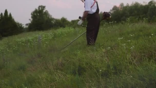 Vista lateral del hombre manteniendo cortador eléctrico y corte de hierba — Vídeo de stock