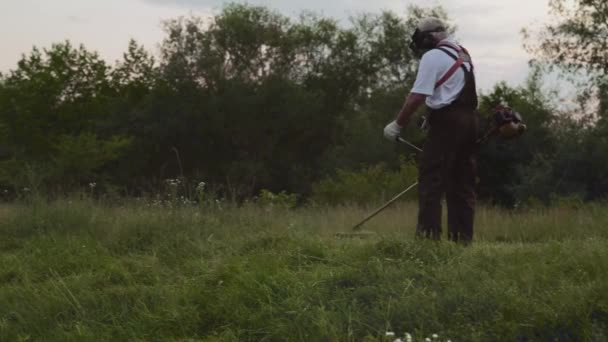 Вид сбоку на человека, который держит электрическую трубу и стрижет траву — стоковое видео