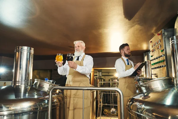 Dois homens em pé na fábrica de cerveja — Fotografia de Stock