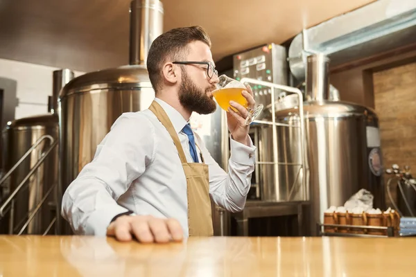 Uomo barbuto in bicchieri degustazione di birra dopo la produzione — Foto Stock