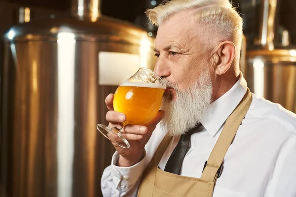 양조장에서 가벼운 맥주를 맛보는 수염난 남자 — 스톡 사진