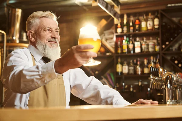 Homem alegre em pé sobre o bar e mantendo um copo de cerveja — Fotografia de Stock