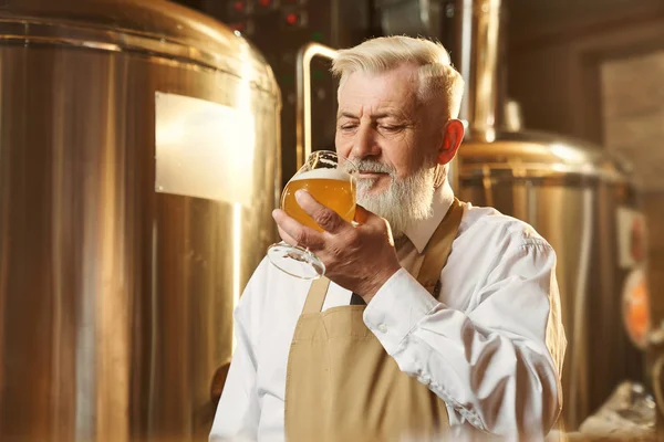 Człowiek stojący w browarze i degustacja lekkiego piwa — Zdjęcie stockowe