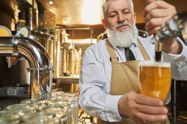 Barman em avental marrom derramando cerveja fresca com espuma . — Fotografia de Stock
