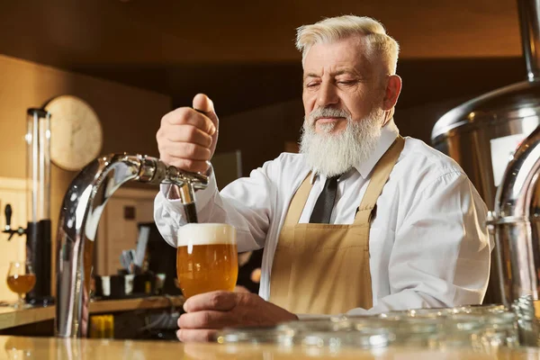 Anziano barman al bancone del bar versando birra leggera . — Foto Stock