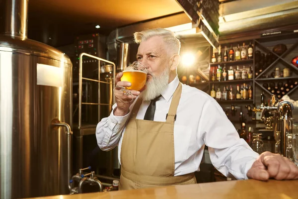 Μπάρμαν πίνοντας κρύα νόστιμη μπίρα στο μπαρ πάγκο της ζυθοποιίας. — Φωτογραφία Αρχείου