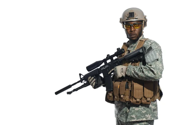 Voják v amerických brýlích chránící vlast. — Stock fotografie