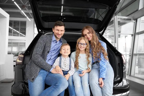Söt familj sitter tillsammans på bakluckan på bilen och poserar — Stockfoto