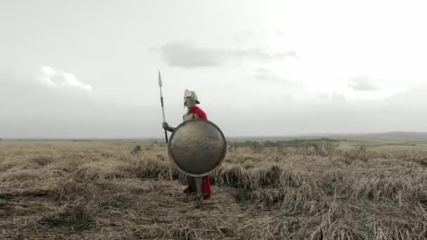 Espartano sem camisa em armadura em campo seco . — Vídeo de Stock