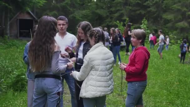 Tábori barátok beszélgetnek a tábortűz közelében. — Stock videók