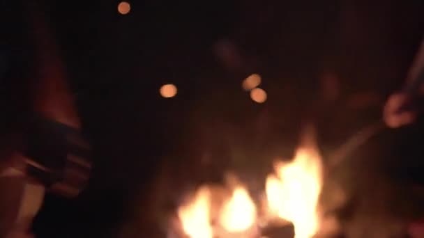 Teenager braten Marshmallows am Lagerfeuer. — Stockvideo