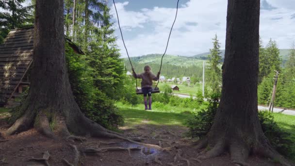 Meisje met schommel in de zomer bos. — Stockvideo