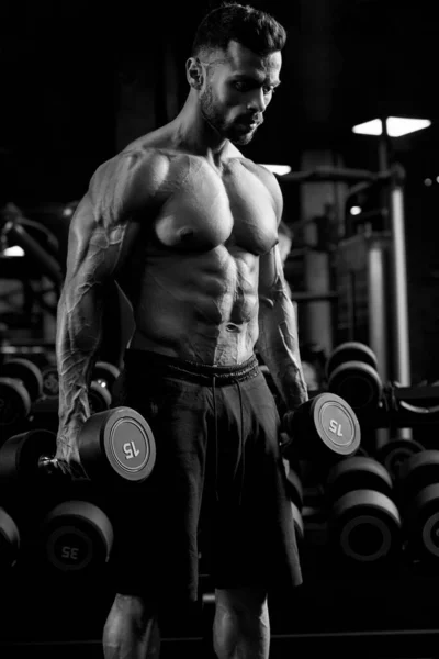 Monochrome ortrait of bodybuilder holding dumbbells. — Stok Foto