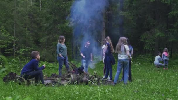 青少年在篝火边玩乐. — 图库视频影像