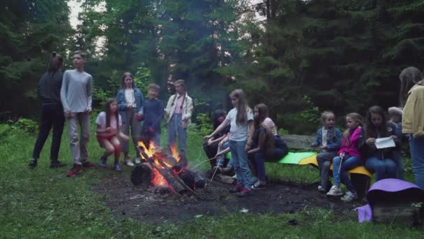 Teenky hrát baví poblíž táboráku. — Stock video