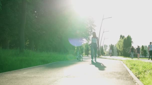 Jonge vrouw wandelen met franse bulldog in park. — Stockvideo