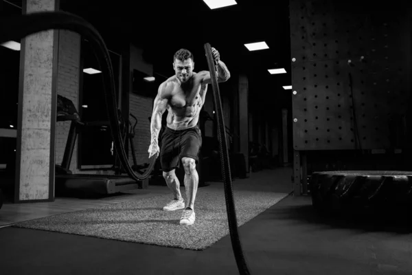 Monochrome portrait of man training with ropes.
