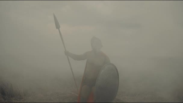 赤身裸体的斯巴达人在烟雾弥漫的田野里转过身来. — 图库视频影像