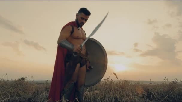 Spartan bez koszuli kręci mieczem na suchym polu. — Wideo stockowe