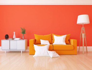 turuncu kanepe ve yastıklar çekmeceli ve zemin lamba ile şık oda iç