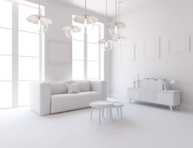 Bir beyaz İskandinav oda iç mobilya ile fikir. Ev nordic iç.