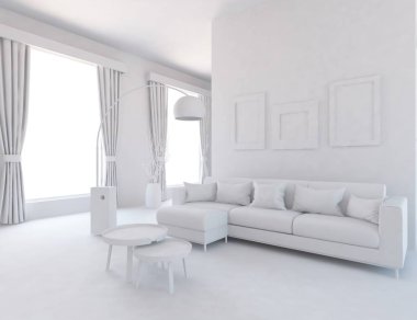 Bir beyaz İskandinav oda iç mobilya ile fikir. Ev nordic iç.