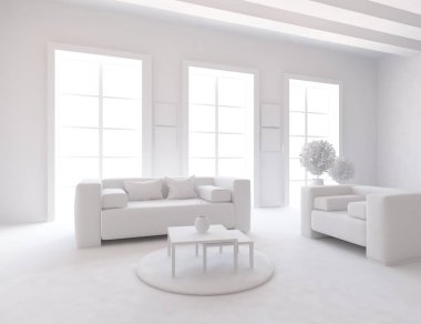 Bir beyaz İskandinav oda iç mobilya ile fikir. Ev nordic iç.