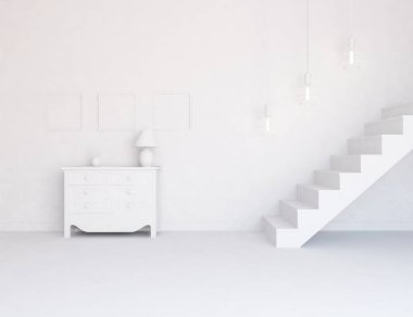 Bir beyaz İskandinav oda iç mobilya ile fikir. Ev nordic iç.