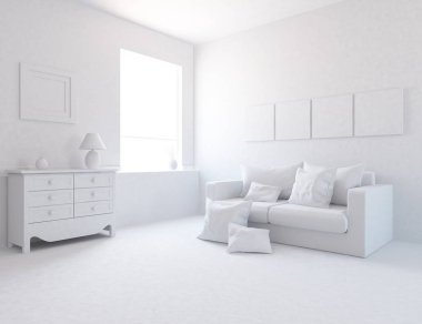 Bir beyaz İskandinav oda iç mobilya ile fikir. Ev nordic iç.